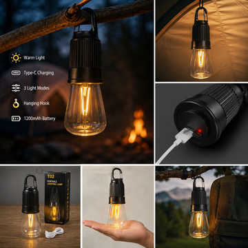 T02 Portable Hanging Camping Lamp – Type-C Rechargeable Warm Light LED Bulb with 3 Modes